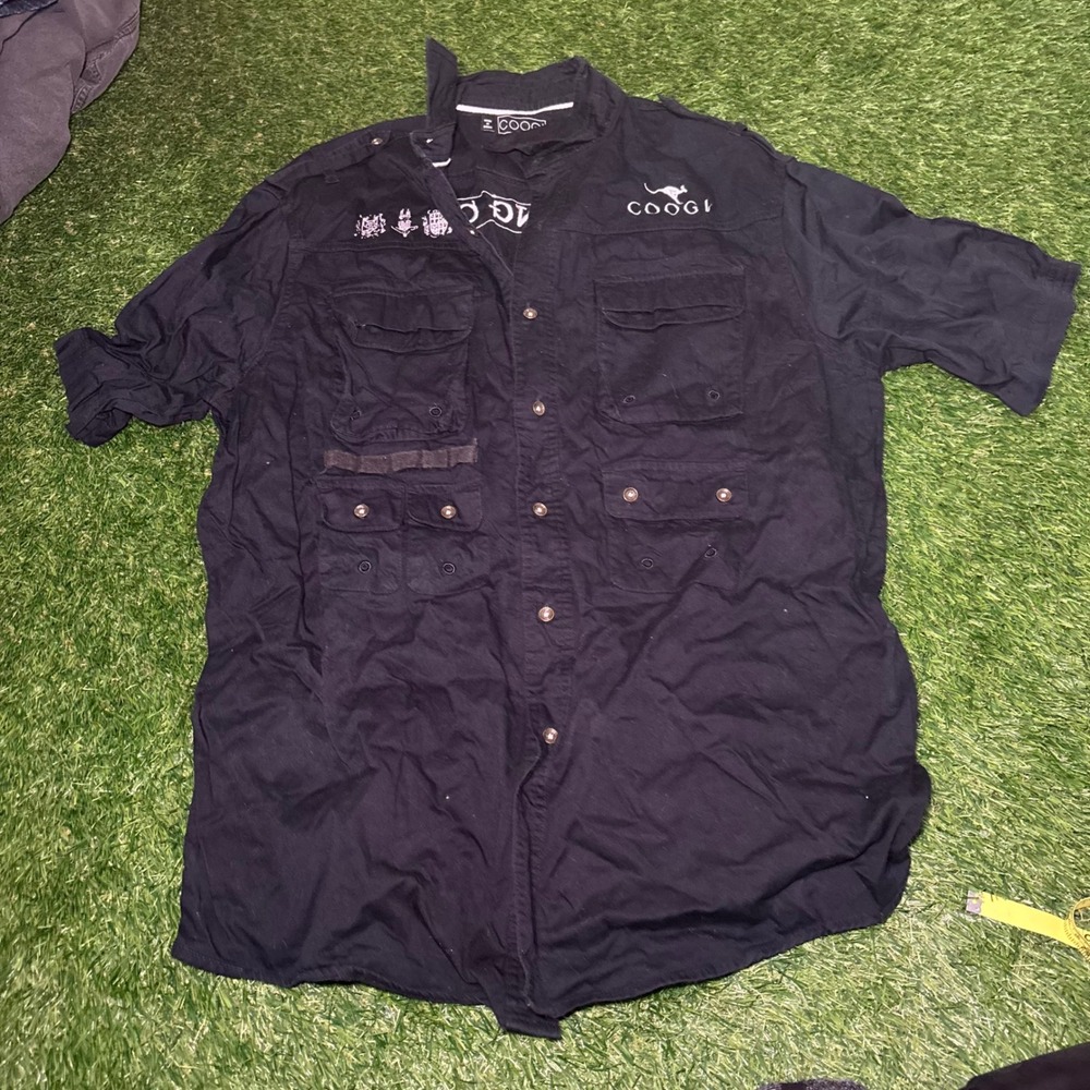 Coogi Mens XXL Black Button Down Shirt Running Game Worldwide Graphic Utility
